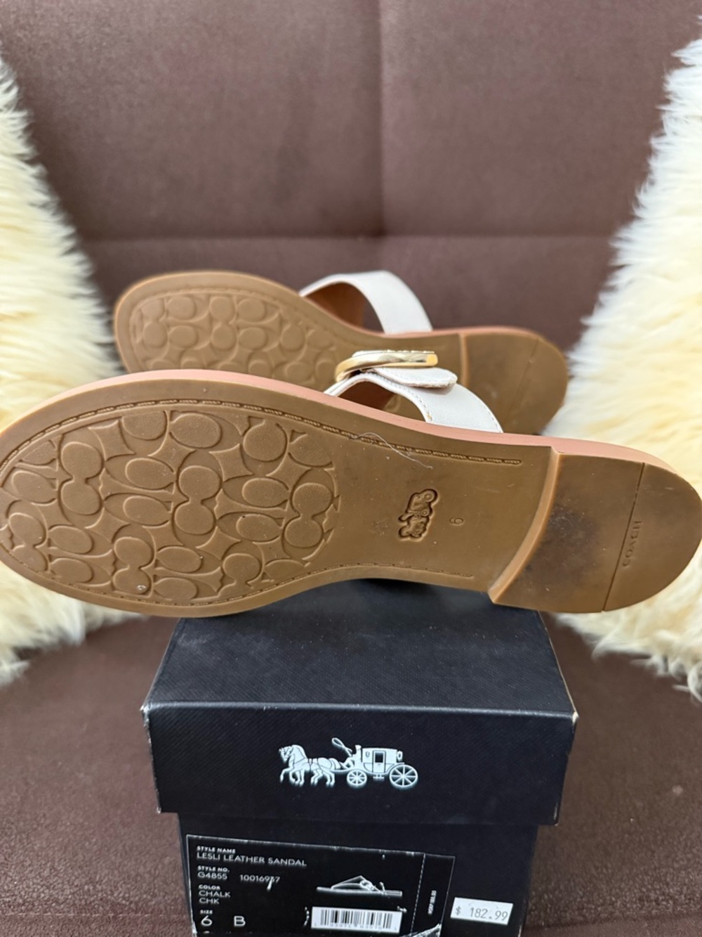 Coach Women’s Cream Leather Thong Sandals with Gold Buckle - Picture 3 of 4